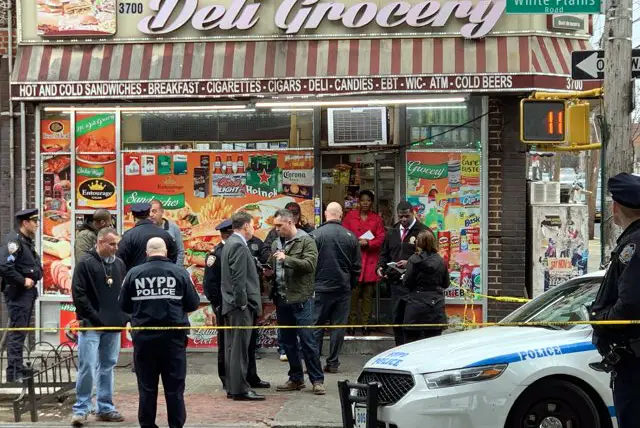 A heavy police presence outside Deli Grocery in Williamsbridge after a deli worker was shot on Tuesday